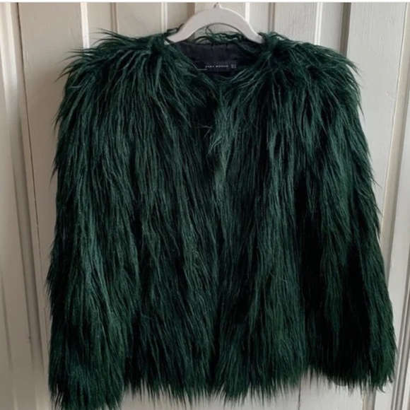 ZARA FAUX FUR SHAGGY GREEN JACKET COAT - Picture 2 of 6